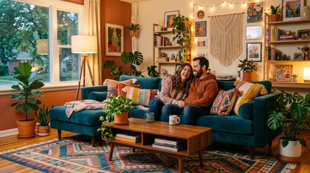 11 Dopamine Living Room Ideas for Couples Merging Boho and Modern Styles