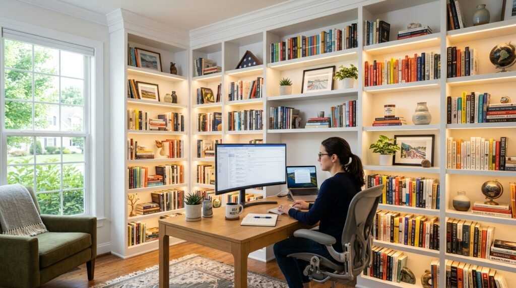 6 Bookshelf and Built-In Ideas for Remote Workers Who Need a Library Nook Office